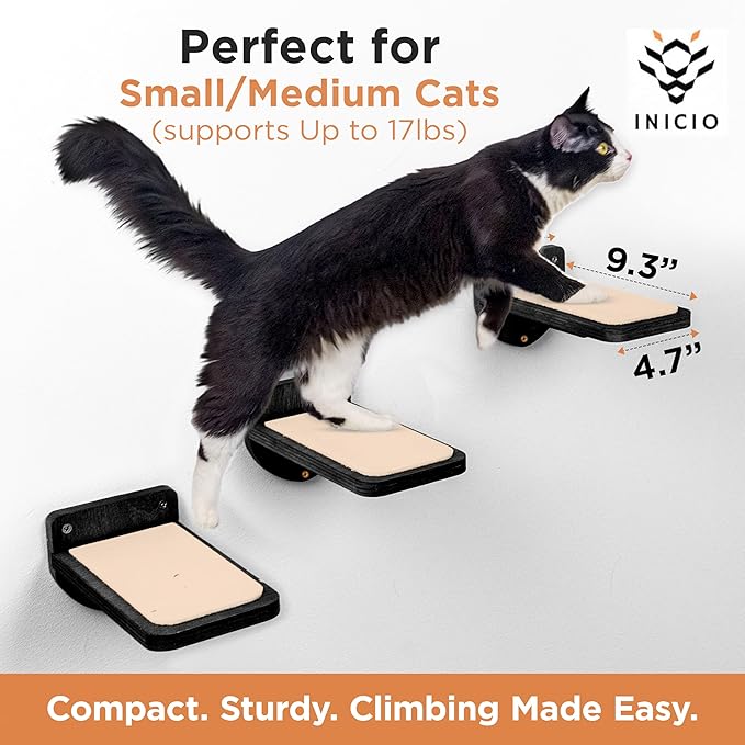 INICIO Cat Wall Stairs - Set of 3 Wall Steps for Cats to Climb with Fixtures, 9.3"x4.7" - Floating Steps for Climbing or Playing - for Kittens and Adult Cats, Black