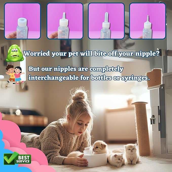Newborn & Senior Pet Feeding Kit, Kitten/Puppy Bottle (50ml), Syringe with Silicone Nipple, Oral Dosing Syringe, Soft BPA-Free Nipples, Medicine Dispenser & Travel Case for Cats Dogs Rabbits Squirrels