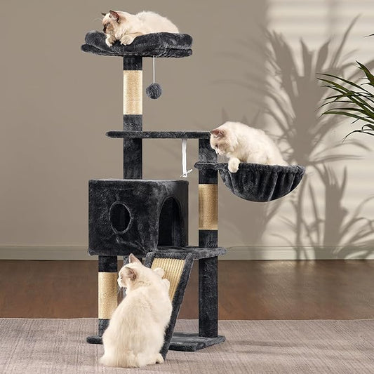 Hey-brother Cat Tree, 42.5-Inches Cat Tower for Indoor Cats, Plush Multi-Level Kitten Cat Condo with Scratching Post, Ramp, Basket, Spacious Cat Cave, Hanging Ball, Smoky Gray MPJ007SG