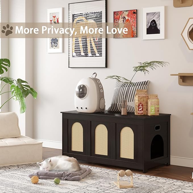 DINZI LVJ Cat Litter Box Enclosure, Flip Top Litter Box Furniture, Rattan-Like Hidden Cat Washroom, Wooden Pet House, End Side Table, 39.4"L x 19.7"W x 19.7"H, Easy to Assemble, Espresso with Rattan