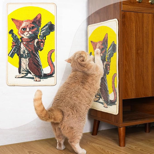 SOLDAY Sisal Cat Scratcher Mat 22x13 inch for Floor Wall Carpet Couch Furniture, Cat Scratching Posts Board with Velcro Tape, Anti Scratch Furniture Protector(Pistol Cat)