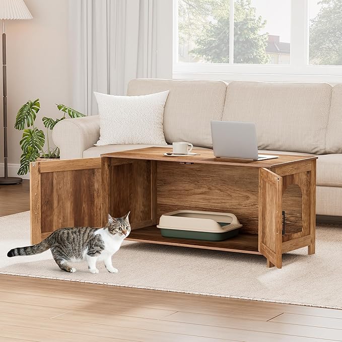 Homhedy 39.4" L Cat Litter Box Enclosure, Pet House with Barn Door,Wooden Cat Washroom Furniture,Fit Most of Litter Box, Rustic Walnut