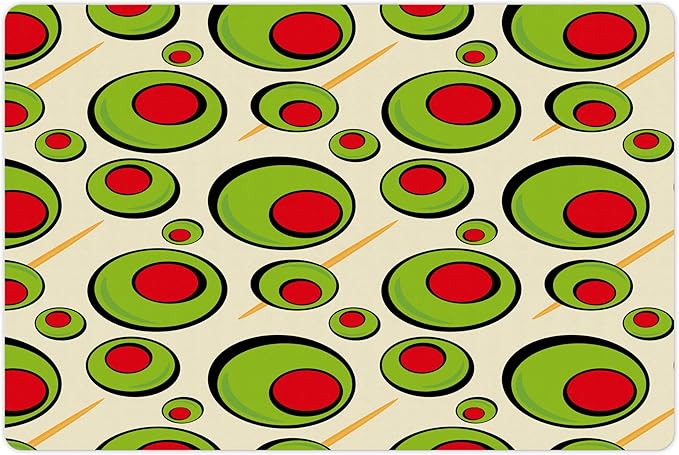 Lunarable Vintage Pet Mat for Food and Water, Repeated Pattern Olives with Toothpicks for Cocktail Martini, Non-Slip Rubber Mat for Dogs and Cats, 18" X 12", Cream Lime