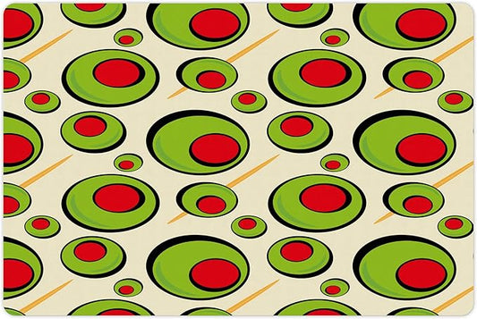 Lunarable Vintage Pet Mat for Food and Water, Repeated Pattern Olives with Toothpicks for Cocktail Martini, Non-Slip Rubber Mat for Dogs and Cats, 18" X 12", Cream Lime