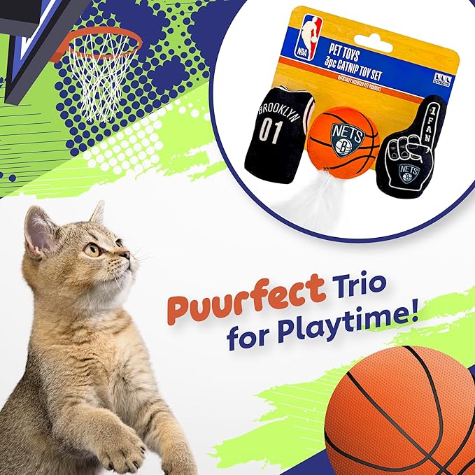 Best Plush CAT Toy - NBA Brooklyn NETS Complete Set of 3 Piece Cat Toys Filled with Fresh Catnip. Includes: 1 Jersey Cat Toy, 1 Basketball Cat Toy with Feathers & 1#1 Fan Cat Toy. Beautiful Team Logo