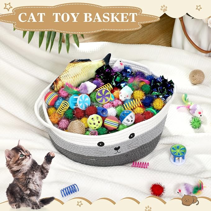 Zopeal 58 Pcs Cat Storage Basket Gift Toys Set, Colorful Flashing Balls Pet Bell Crinkle Balls Spring Toys Attract Cat to Swat, Bite, Hunt, Interactive for Pet (Multicolor,12 Inch)