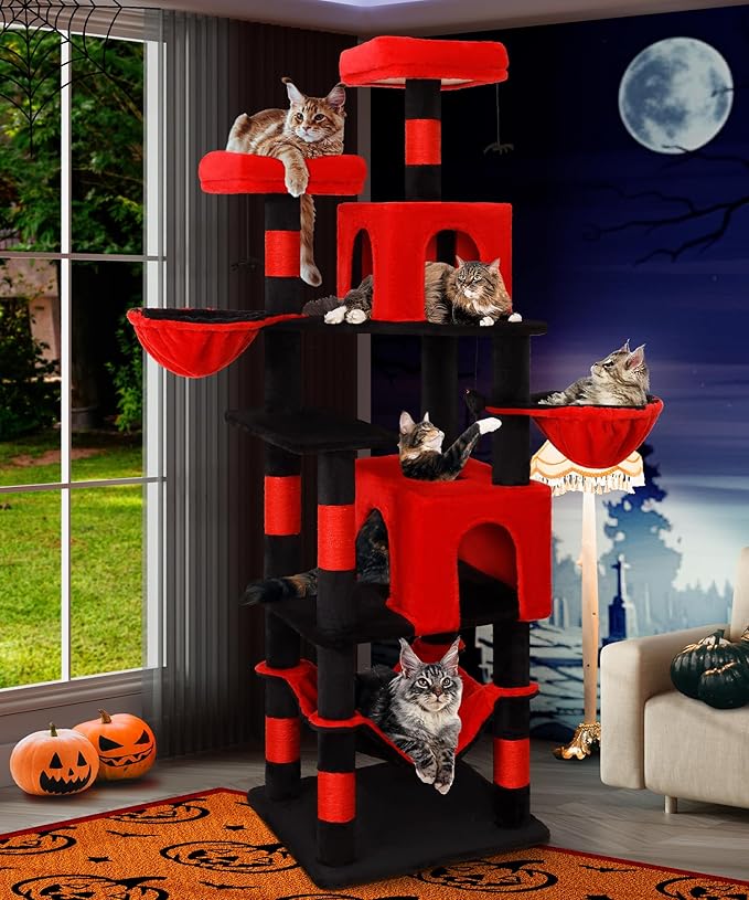 AMHANCIBLE Gothic Cat Tree, 70 Inch Tall for Indoor Adult Cats, Large Multi-Level Tower with Scratching Post, Hammock, Condos, Hanging Basket, Activity Center to Play and Sleep, Black Red, PT18RD