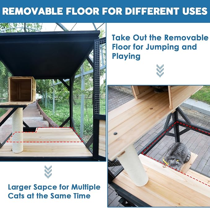 4 Tiers 70.9" H Cat Catio Cat House Outdoor Enclosure Window Large Outside Patio with Removable Floor, Scratching Post Sisal Ball 4 Wheels Waterproof Roof