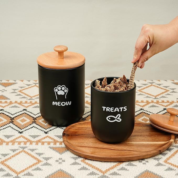 Cat Treat Container with Airtight Lid, Cat Food Oganizer Dry Food, Cat Food Storage Containers, Pet Treats Canister, Cat Treat Jar Set of 2-8.3x4.9 & 7.1x4.3 (Black)