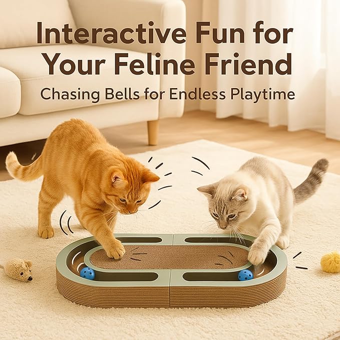 Extra Long 26" Folding Cat Scratch Pad with Chasing Bells Double Sided Interactive Cardboard Cat Scratcher Cat Scratching Board for Cats Cardboard Scratching Pads for Indoor Cat Toy