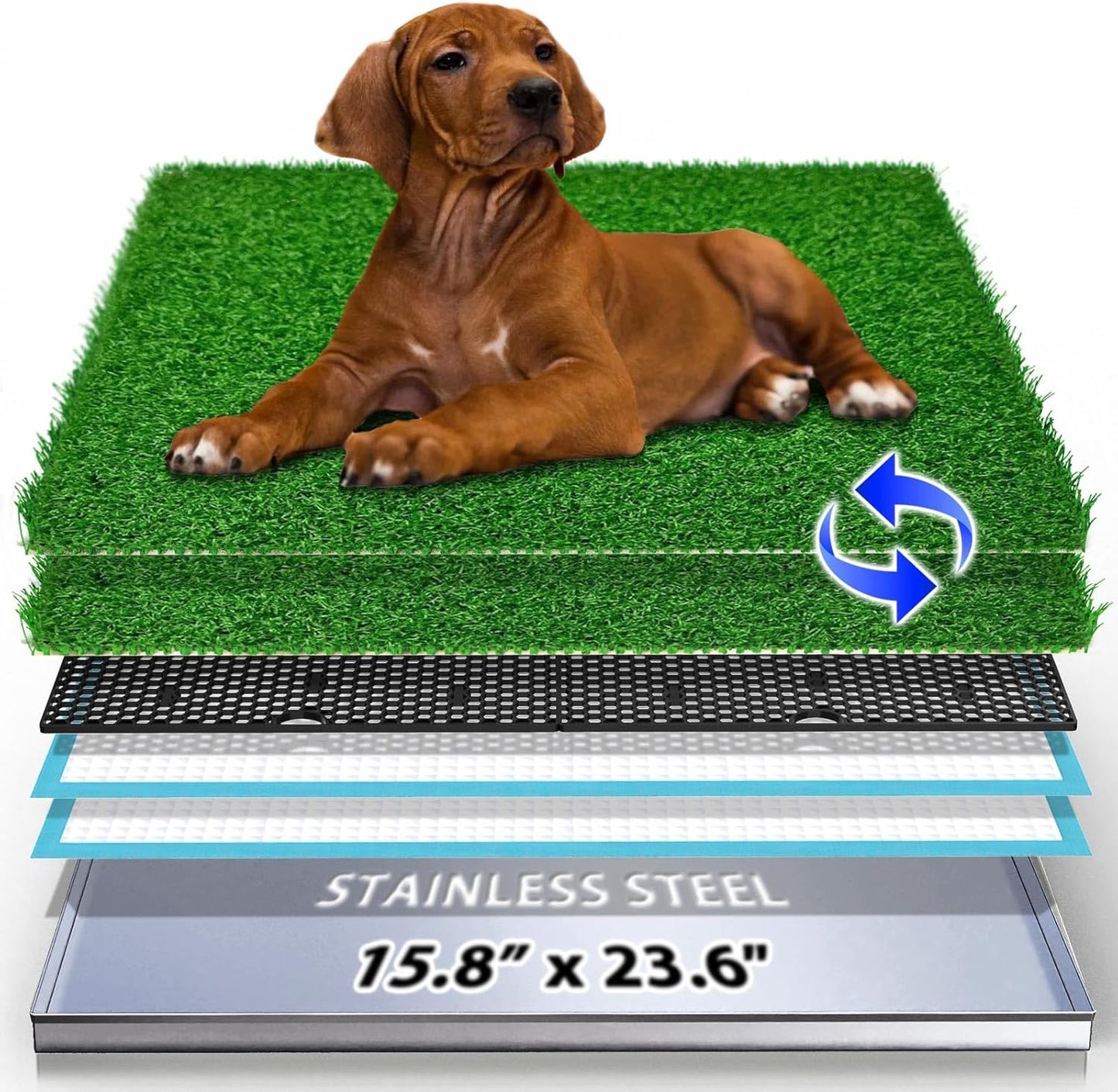 Dog Grass Pad with Tray, Stainless Steel Odor-Resistand Indoor Outdoor Potty System, Durable Alternative to Plastic with Artificial Grass for Dogs Potty Training (Potty System Size -23.6"x 15.8")