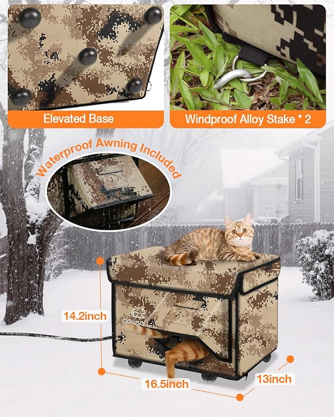 Indestructible Heated Cat House for Outside Cats Winter, 100% Weatherproof, Safe Escape Door, Insulated Outdoor Cat Shelter with Heater for Feral Barn Cat Kitty (Desert Camouflage, 12"x16"x14")