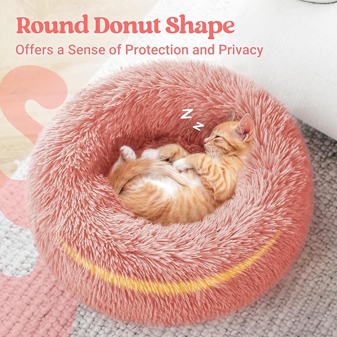 rabbitgoo Cat Beds for Indoor Cats, 20 inches Cat Bed Machine Washable, Fluffy Round Pet Bed Non-Slip, Calming Soft Plush Donut Cuddler Cushion Self Warming for Small Dogs Kittens, Light Pink, Medium