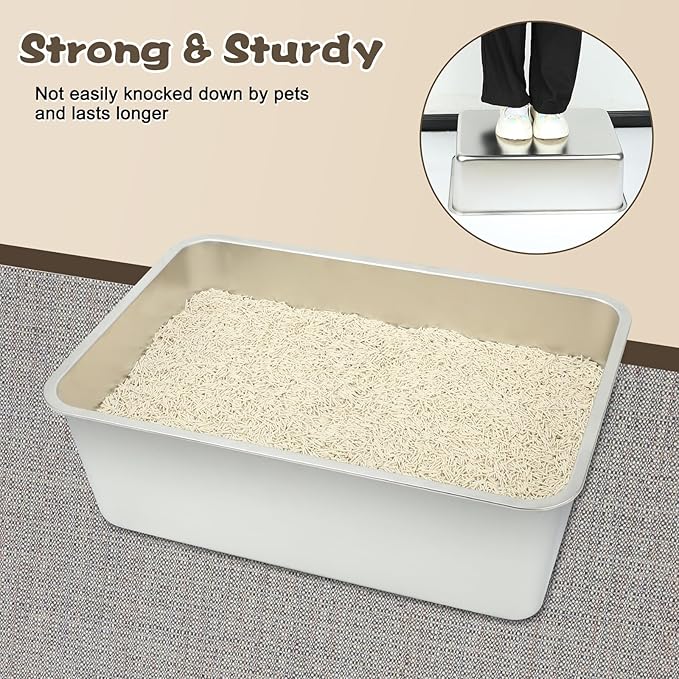 Rypet 2Packs Stainless Steel Litter Box Metal Litter Box for Cats High Back Litter Boxes Non-Stick Cat Poop Box，Easy to Clean(23.6"*15.8"*7.9")