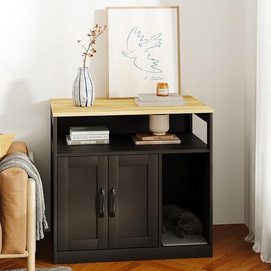 Cat Litter Box Enclosure,2-Tier Hidden Litter Box Furniture with Open Storage Shelf,Wooden Cat Washroom Indoor, Freestanding Cabinet for Living Room,Hallway,Black