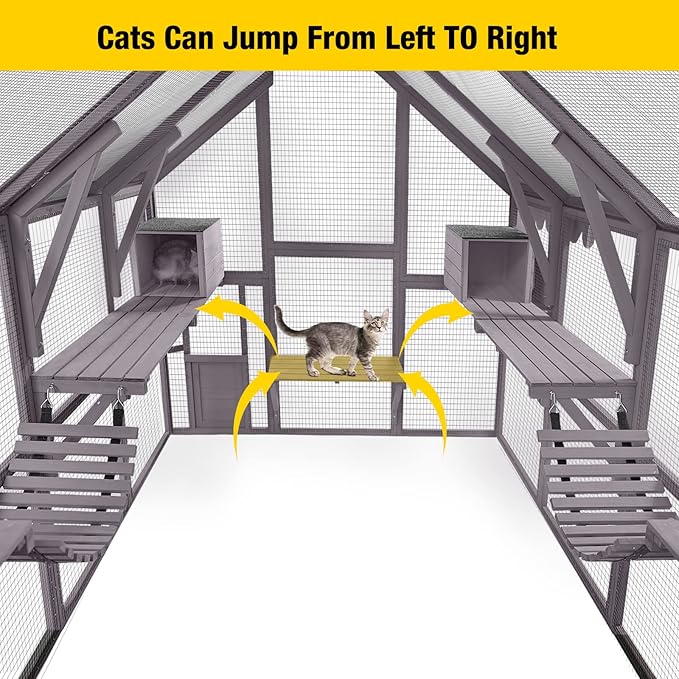 Aivituvin Catio Outdoor Cat Enclosure Large Cat Run with Bridges, Walks, Small Houses, Roof Cover 110"