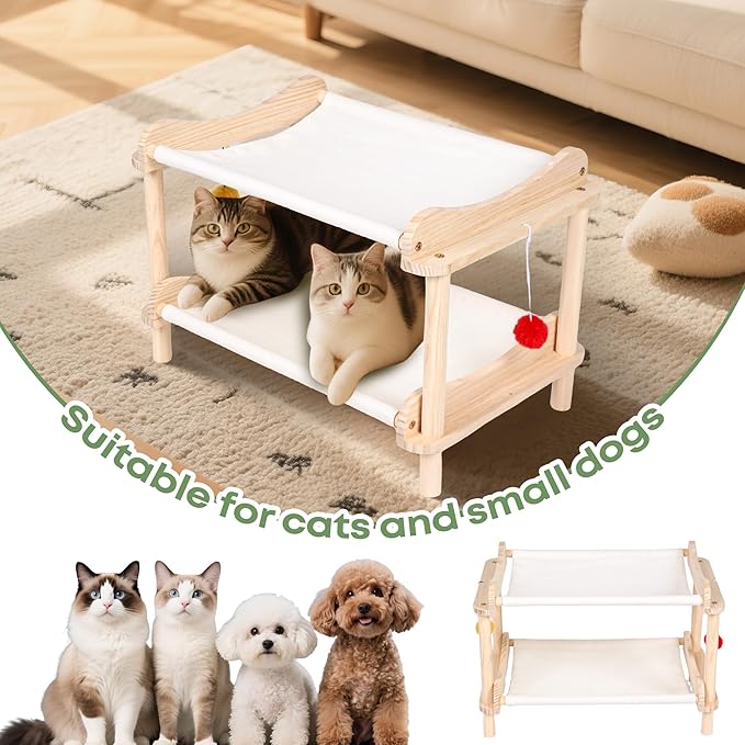 2-Layer Cat Hammock Bed, 24"x15.7"x16.3" Elevated Cat Bed with Pine Wood Frame, Breathable Washable Covers, Wooden Pet Furniture for Indoor Cats and Small Animals(White-2)