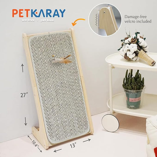 PETKARAY L Shape Cat Scratcher, Sisal Scratching Ramp, Chevron Scratching Pad for Indoor Cats, 27" Wall Furniture Protector with Mouse Toy