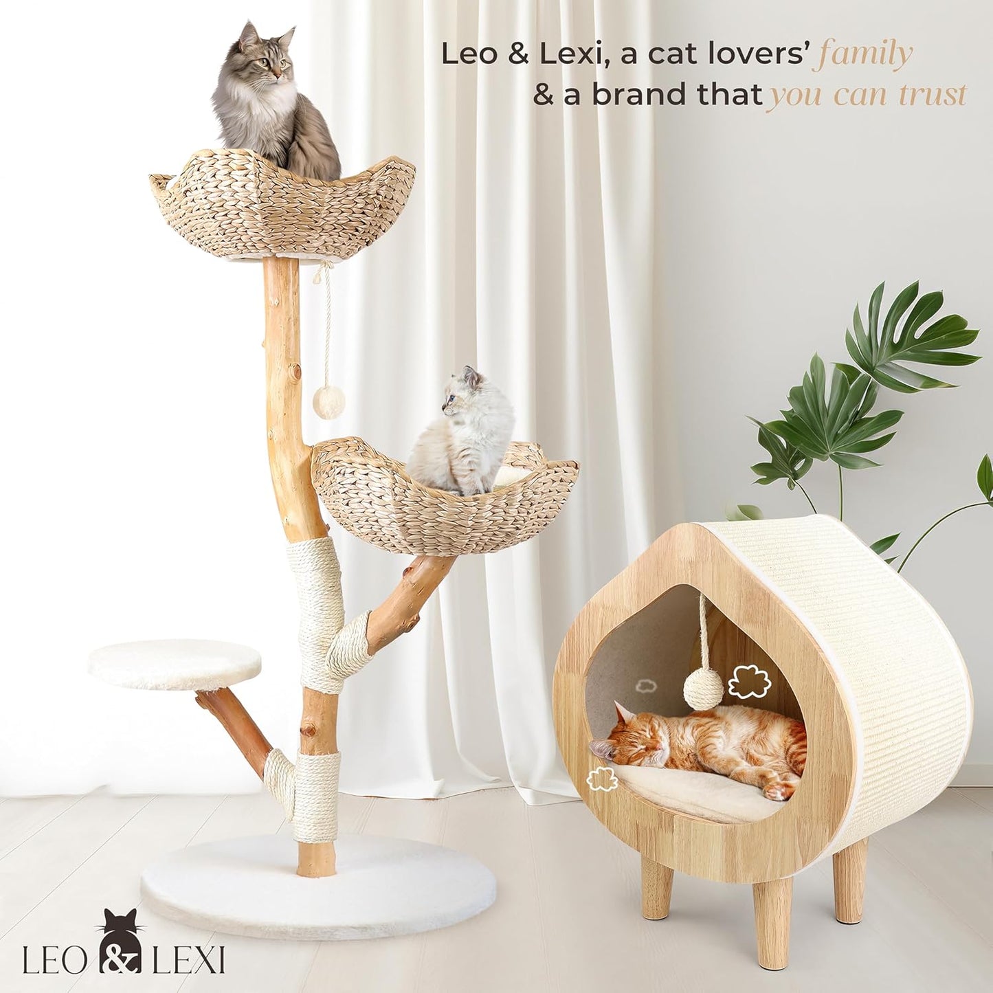 Real Wood Modern Cat Tree Tower, Cat Scratching Post with Bed for Indoor Cats Large Adult, Solid Wooden Climbing Tower, Cute Wicker Condo, Aesthetic Stand, Boho Luxury Pet Furniture