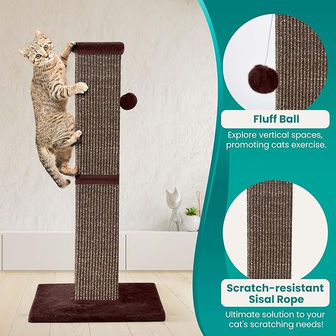 Cat Scratching Post 32 Inch for Indoor Large Cats and Kitten, Nature Sisal Tall Cat Scratch Post, Sisal Cat Scratcher Improve Cat's Scratching Habits and Protect Your Furniture, Full Brown