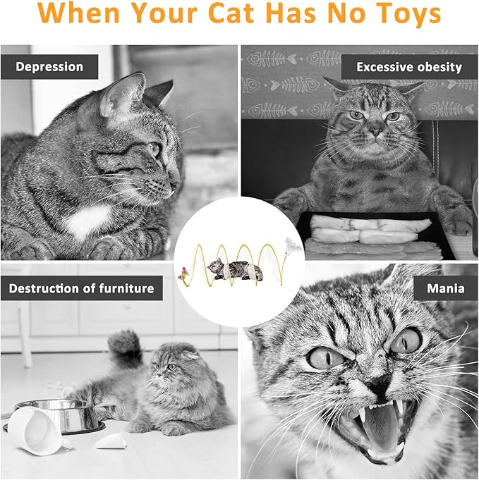 2-Piece Spiral Cat Tubes for Indoor Cats, Large Collapsible Tunnel with Feather Mouse Interactive Toy (Yellow + Blue)