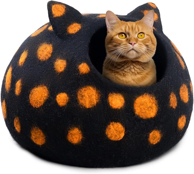 Woolygon Wool Cat Cave Bed - Handcrafted 100% Merino Wool, Eco-Friendly Felt Cat Cave for Indoor Cats and Kittens (Black Polka)