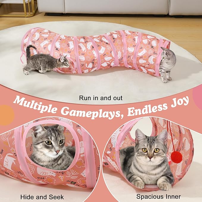 Pawaboo Cat Tunnel, S-Shaped Cat Tube Tunnel 25 * 97cm(9.8''*38.2'') with Balls and Bells, Collapsible Portable Kitten Play Tent Toy Interactive Cats House with Peep Holes for Kitty, Pink Kitties