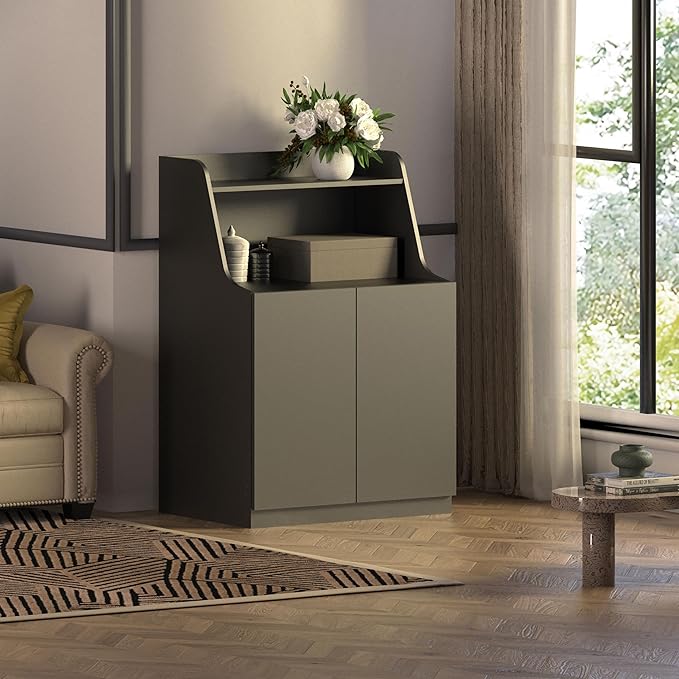 Large/Tall Litter Box Enclosure, Modern Wooden Litter Box Furniture for XL Litterbox with Open Shelf as Sideboard Cabinet (Black)