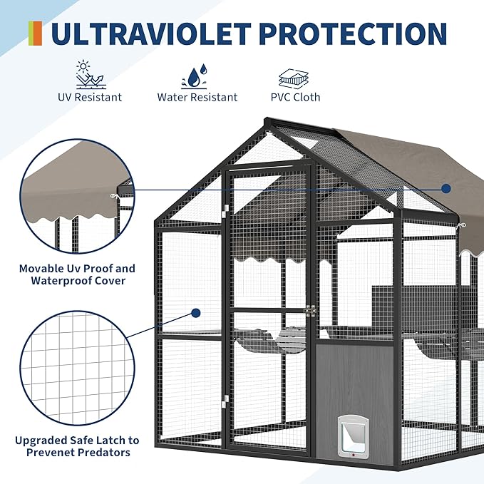 Aluminum Walk-In Large Outdoor Cat Enclosure, Large Outdoor Catio for Multiple Cats, Outside Cattery with Weatherproof Roof with Channels, Side Door, UV Proof Cover, Huge Condo, Platform