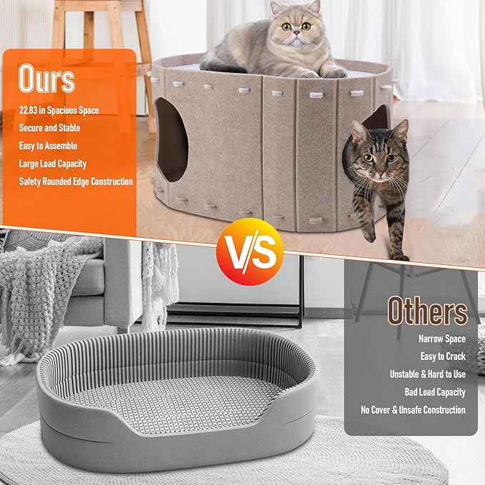 Cat House for Indoor Cats, Double Layer Cat Bed Cave, Large Space Cat Enclosed Bed for Home, Easy Assembly (Khaki, Large)