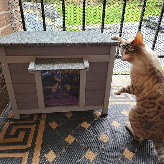 Cat House Outdoor Feral Kitty Houses with Curtain for Cats Insulated, Weatherproof Roof (Single-Deck)