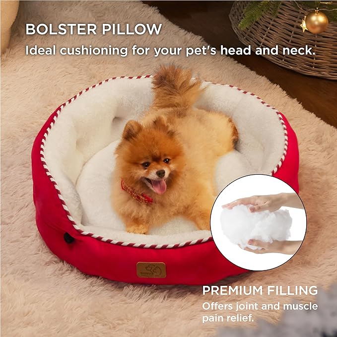 Bedsure Dog Beds for Small Dogs - Round Cat Beds for Indoor Cats, Washable Pet Bed for Puppy and Kitten with Slip-Resistant Bottom, 25 Inches, Antique Red