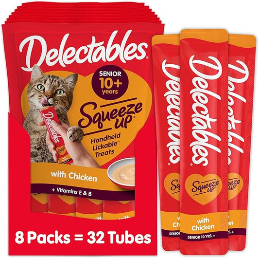 Hartz Delectables Squeeze Up Interactive Lickable Wet Cat Treats for Adult & Senior Cats, Senior Chicken, 32 Count
