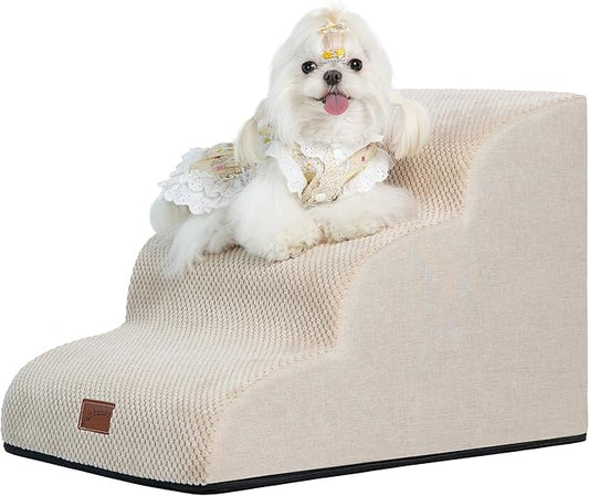 GoGoBunny Ramp Dog Stairs for Couch Sofa and Chair 15.7" H, 3-Step Pet Steps for Small Dogs and Cats, Non-Slip Waterproof Fabric Cover, Stable and Balanced Indoor Step, Pets Friendly, Beige