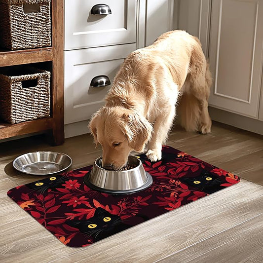 Black Cat Forest Pet Feeding Mat-Quick Dry Absorbent Dog Cat Food Mat, Anti-Slip Water Bowl Mats for Messy Eaters-No Stains Indoor Pet Accessories 16"x24"
