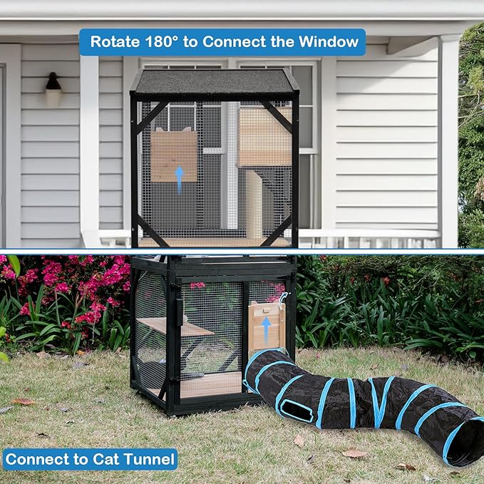 4 Tiers 70.9" H Cat Catio Cat House Outdoor Enclosure Window Large Outside Patio with Removable Floor, Scratching Post Sisal Ball 4 Wheels Waterproof Roof