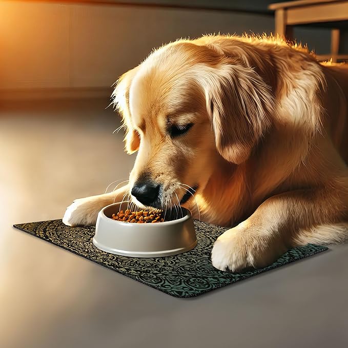 Lunarable Mandala Pet Mat for Food and Water, Round Design Detailed Floral Pattern in Earthy Tones, Non-Slip Rubber Mat for Dogs and Cats, 18" X 12", Fern Green