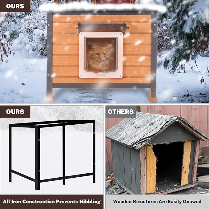 Outdoor Insulated Cat House Weatherproof for Winter, Feral Cat Shelter with Insulated Liner, All Round Metal Frame Wooden Condos, Indoor and Outdoor Use for Cat, Rabbit and Small Animal