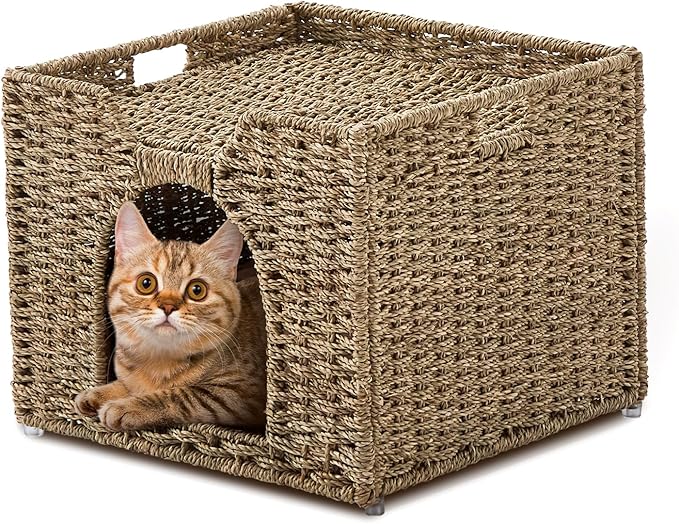 Cat Houses for Indoor Cats, Handwoven Natural Seagrass Cat Cave Pet Cube,Foldable Pet Cat House, Cat Beds with Double-Sided Mat, Hideaway, in Living Room Bedroom