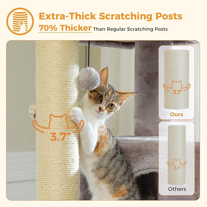 Large Cat Tree for Indoor Cats Large Adult, 57.8" Heavy Duty Cat Tower with Reinforced Scratching Posts (φ3.7in) and Plush Larger Hammock for Maine Coon & Big Cats, Supports 30lbs, Grey