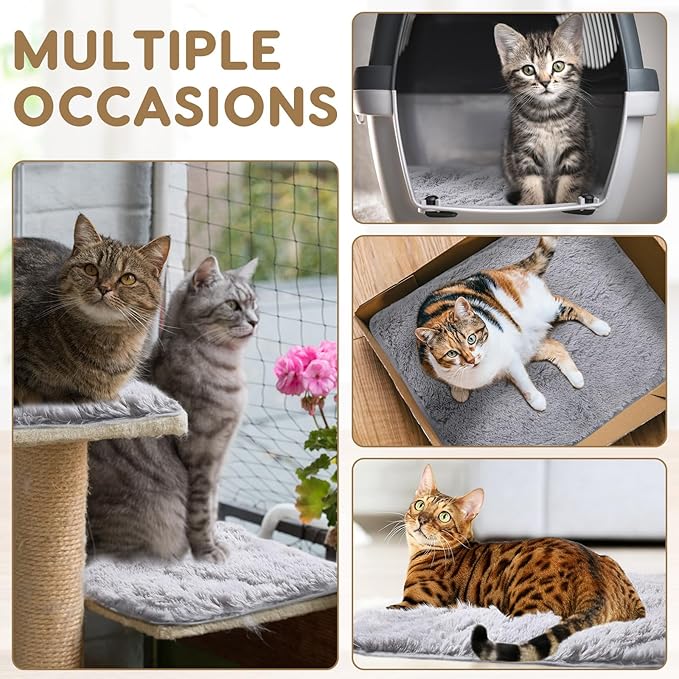 4 Pack Self Warming Cat Bed Pad Self Heating Dog Mat with Fluffy Faux Fur Plush Cat Calming Bed Thermal Mat Washable Pet Pad Anti Slip Bottom for Outdoor Indoor Pets(Grey,18" X 24")