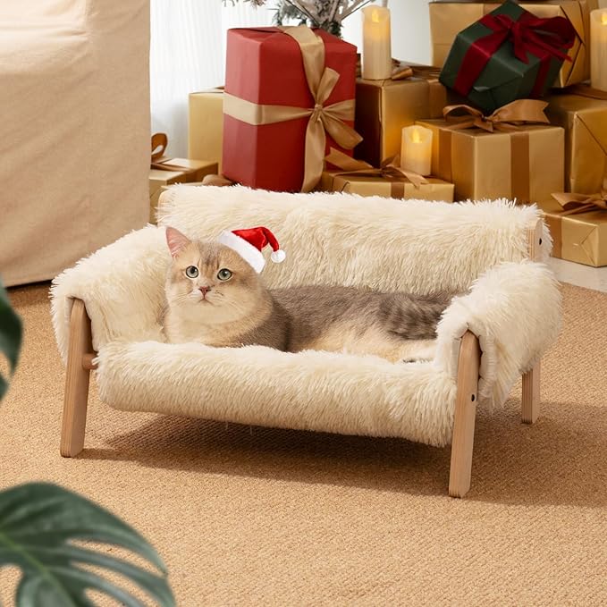 MEWOOFUN Cat Couch Bed, Pet Sofa for Indoor Cats Wooden Indoor Elevated Cat Beds with Removable Mattress Cover Suitable for Kitty, Puppy or Small Animal (Beige, Medium)