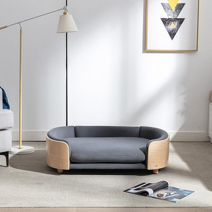 HomSof 38.58" Scandinavian Style Elevated Dog Cat Bed Pet Sofa with Solid Wood Legs and Bent Wood Back with Velvet Cushion,Large Size，Dark Grey