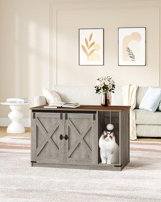 Cat Litter Box Enclosure, Hidden Litter Box Cabinet Furniture with Bell, Indoor Cat House, Farmhouse Style, 39.4 x 21.7X 24.8 Inches, for Hallway, Bedroom, Greige CB85205X