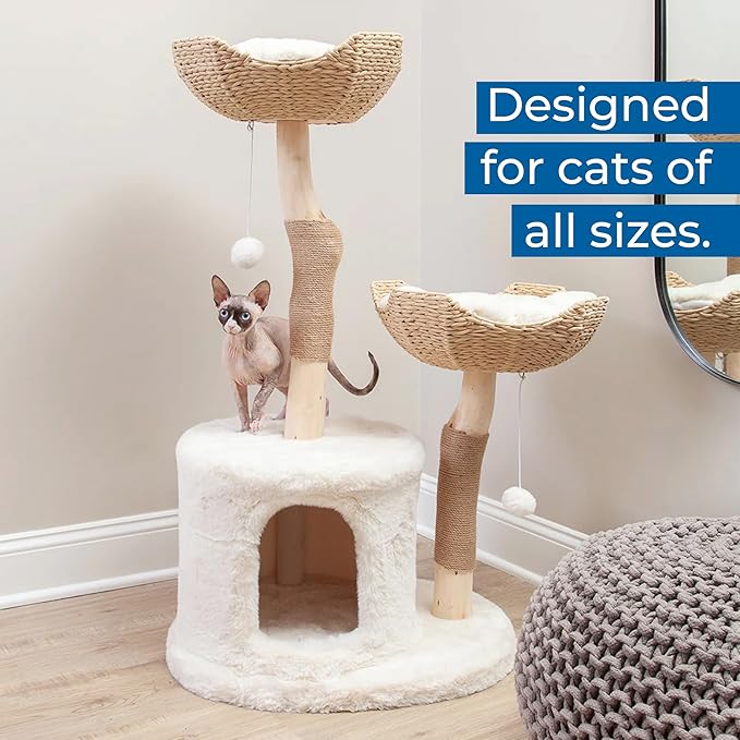 The Bungalow Cat Tree - Luxury Cat Condo, Large Modern Indoor Tower with 2 Faux Fur Beds, Scratching Posts, Toys, and Den for Cats, 23.5-Inch Width x 18-Inch Depth x 43-Inch Height