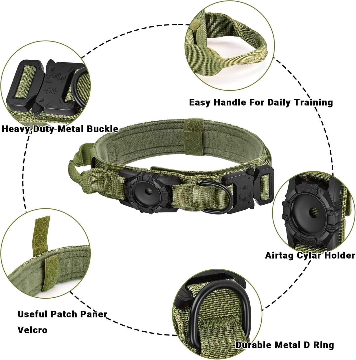 Tactical AirTag Dog Collar - Heavy Duty, Adjustable GPS Collar Compatible with Apple AirTag, with Holder & Control Handle for Medium/Large Dogs [ Green, M ]