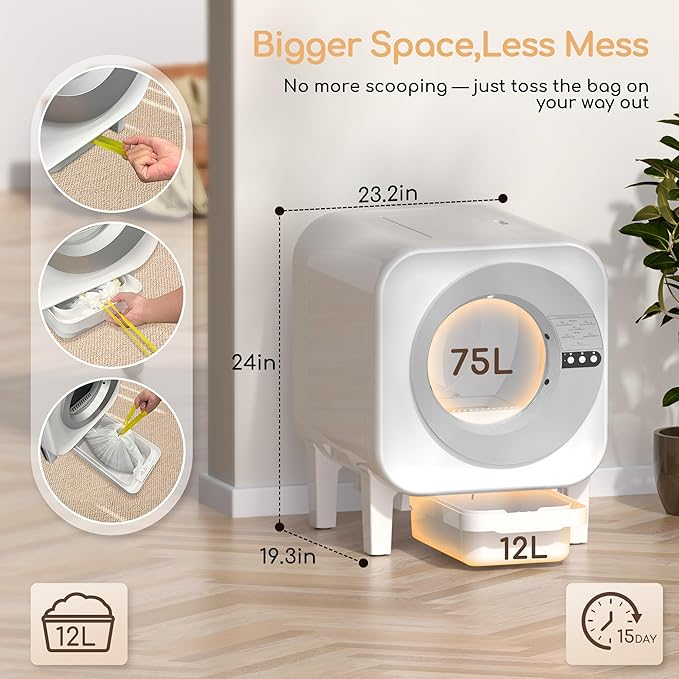 Automatic Cat Litter Box | Self Cleaning Litter Box for Cats with App Control, 75L&12L Large Space, Odor Control, 3–30LBS Cats Friendly, Quiet, Easy to Clean, Litter-Saving