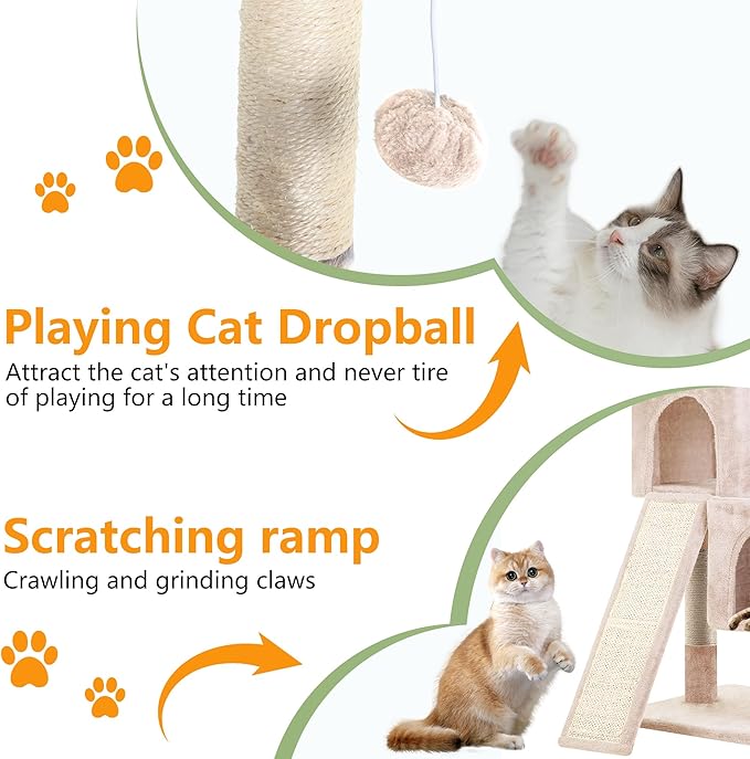 FDW Cat Tree for Indoor Cats 36 Inches Cat Tower Multi-Level Indoor Cat Play Condo House with Scratching Posts, Spacious Perch, Sisal Posts and Dangling Toys, Beige