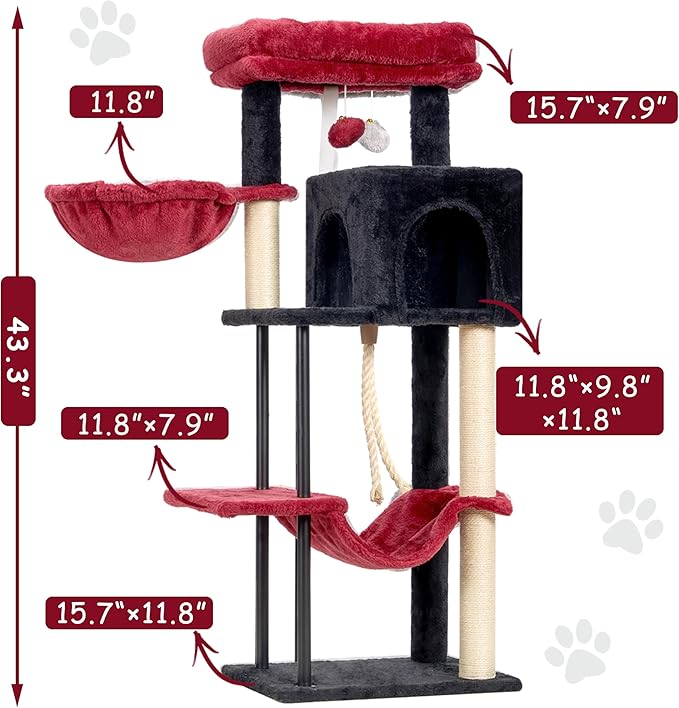 Cat Tree, Cat Tower for Indoor Cats, 43.3 inch Gothic Cat Tree Tower with Sturdy Steel Tube, Hammock, Cat Condo for Small Cats and Kittens, Scratching Post, Black and red GCT004SBR