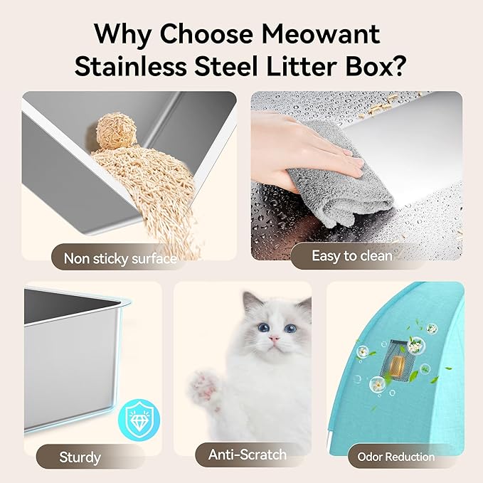 Extra Large 3-in-1 Enclosed Stainless Steel Cat Litter Box with Lid, High-Sided Oxford Cover, Metal Scoop, Odor Free, Leakproof & Easy-Clean Design